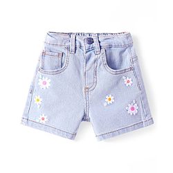 Babyhug Mid Thigh Washed Denim Shorts With Floral Embroidery & Stretch - Light Blue