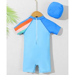 Babyhug Half Sleeves Legged Swimsuit with Cap Rocket Print - Light Blue