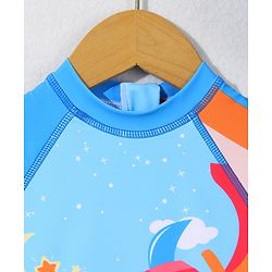 Babyhug Half Sleeves Legged Swimsuit with Cap Rocket Print - Light Blue