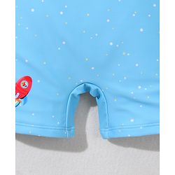 Babyhug Half Sleeves Legged Swimsuit with Cap Rocket Print - Light Blue