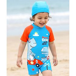 Babyhug Half Sleeves Legged Swimsuit with Cap Dino Print - Blue