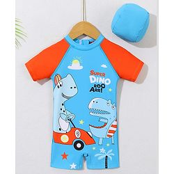 Babyhug Half Sleeves Legged Swimsuit with Cap Dino Print - Blue