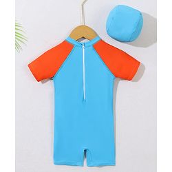 Babyhug Half Sleeves Legged Swimsuit with Cap Dino Print - Blue