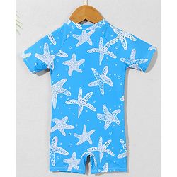 Babyhug Half Sleeves Legged Swimsuit with  Star Print - Blue