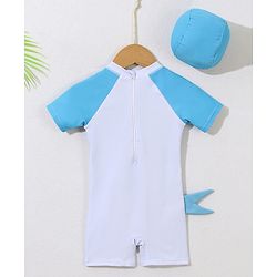 Babyhug Half Sleeves Legged Swimsuit with Cap  Dolphin Print - Blue