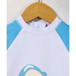 Babyhug Half Sleeves Legged Swimsuit with Cap  Dolphin Print - Blue