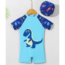 Babyhug Half Sleeves Legged Swimsuit with Cap Dino Print - Blue