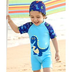 Babyhug Half Sleeves Legged Swimsuit with Cap Dino Print - Blue