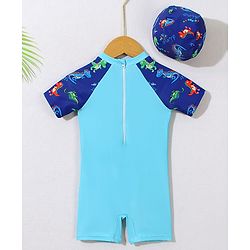 Babyhug Half Sleeves Legged Swimsuit with Cap Dino Print - Blue