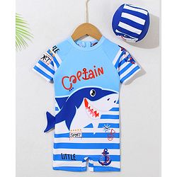 Babyhug Half Sleeves Legged Swimsuit with Cap Shark Print - Blue