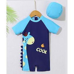 Babyhug Half Sleeves Legged Swimsuit with Cap Giraffe Print - Navy Blue