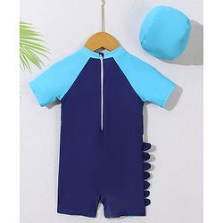 Babyhug Half Sleeves Legged Swimsuit with Cap Giraffe Print - Navy Blue