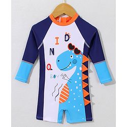 Babyhug Full Sleeves Legged Swimsuit with  Dino Print & Applique- Navy Blue
