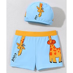 Babyhug Swimming Trunk with Cap Giraffe Print - Light Blue