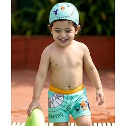 Babyhug Swimming Trunk with Cap Cartoon Print - Green