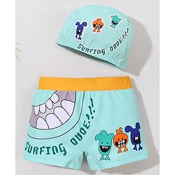 Babyhug Swimming Trunk with Cap Cartoon Print - Green