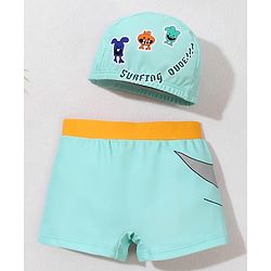 Babyhug Swimming Trunk with Cap Cartoon Print - Green