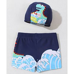 Babyhug Swimming Trunk with Cap Dino Print - Navy Blue