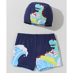 Babyhug Swimming Trunk with Cap Dino Print - Navy Blue