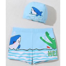 Babyhug Swimming Trunk with Cap Dolphin Print - Light Blue