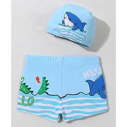Babyhug Swimming Trunk with Cap Dolphin Print - Light Blue