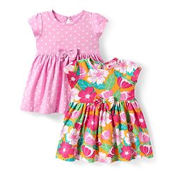 Babyhug Single Jersey Knit Half Sleeves Polka Dots & Floral Printed Dresses With Bow Applique Pack of 2 - Pink