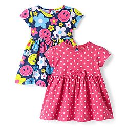 Babyhug Single Jersey Knit Half Sleeves Floral & Polka Dots Printed Frocks with Bow Applique Pack of 2 - Blue & Pink