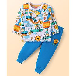 Babyhug Single Jersey Knit Full Sleeves T-Shirt & Joggers Set with Animal Print - Blue & White