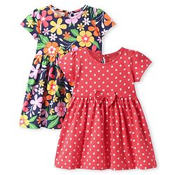 Babyhug Single Jersey Knit Half Sleeves Dresses With Polka Dot & Floral Print & Bow Applique Pack of 2 - Red & Navy Blue