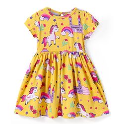 Babyhug Cotton Knit Half Sleeves Frock with Unicorn Print - Yellow