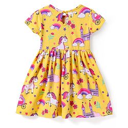 Babyhug Cotton Knit Half Sleeves Frock with Unicorn Print - Yellow