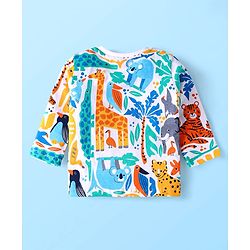 Babyhug Terry Knit Full Sleeves T-Shirt & Lounge Pant Set With Animal Print & Patch - White & Light Blue