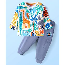 Babyhug Terry Knit Full Sleeves T-Shirt & Lounge Pant Set With Animal Print & Patch - White & Light Blue