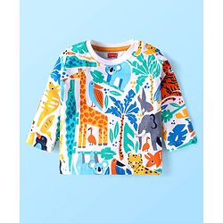 Babyhug Terry Knit Full Sleeves T-Shirt & Lounge Pant Set With Animal Print & Patch - White & Light Blue