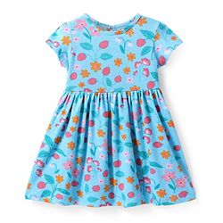Babyhug Cotton Knit Half Sleeves Floral Printed Frock - Light Blue