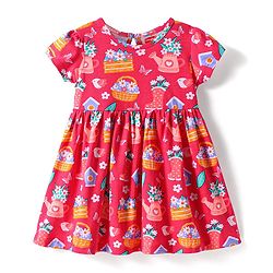 Babyhug Cotton Knit Half Sleeves Frock With Floral Print - Red
