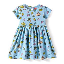 Babyhug Cotton Knit Half Sleeves Frock With Beach Theme Print - Light Blue