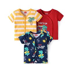 Babyhug Interlock Knit Half Sleeves Front Open Vests with Beach Theme Print & Stripes Pack of 3 - Red Navy Blue & White
