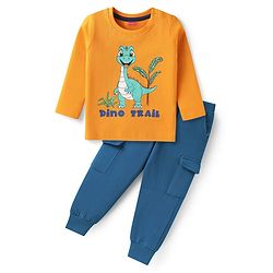 Babyhug Single Jersey Knit Full Sleeves T-Shirt & Joggers Set with Dino Print - Blue & Orange