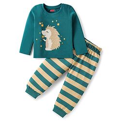 Babyhug Cotton Knit Full Sleeves Night Suit with Hedgehog Print & Stripes - Teal Blue