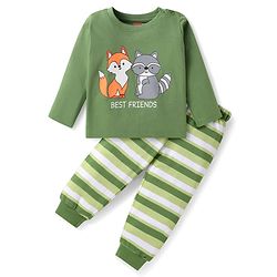 Babyhug Cotton Knit Full Sleeves Night Suit with Fox & Sloth Bear Print & Stripes - Green