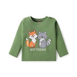 Babyhug Cotton Knit Full Sleeves Night Suit with Fox & Sloth Bear Print & Stripes - Green
