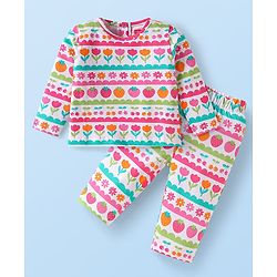 Babyhug Cotton Knit Full Sleeves Night Suit With Floral & Fruit Print - White