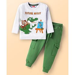 Babyhug Single Jersey Knit Full Sleeves T-Shirt & Lounge Pant Set With Crocodile & Text Print - White & Green