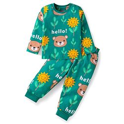 Babyhug Cotton Knit Full Sleeves Night Suit with Bear Print - Green