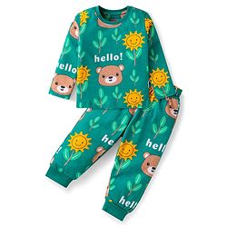 Babyhug Cotton Knit Full Sleeves Night Suit with Bear Print - Green