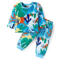 Babyhug Cotton Knit Full Sleeves Co-Ord Night Suit with Leaves Print - Light Blue