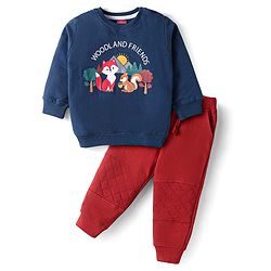 Babyhug Terry Knit Full Sleeves T-Shirt & Lounge Pant Set With Animal Print - Navy Blue & Red