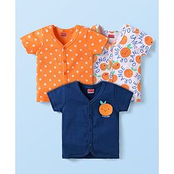 Babyhug Interlock Knit Half Sleeves Front Open Vests with Text Print & Polka Dots Pack of 3 - Orange Navy Blue & White