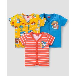 Babyhug 100% Cotton Knit Half Sleeves Front Open Vests with Beach Theme Print & Stripes Pack of 3 - Yellow Blue & Red